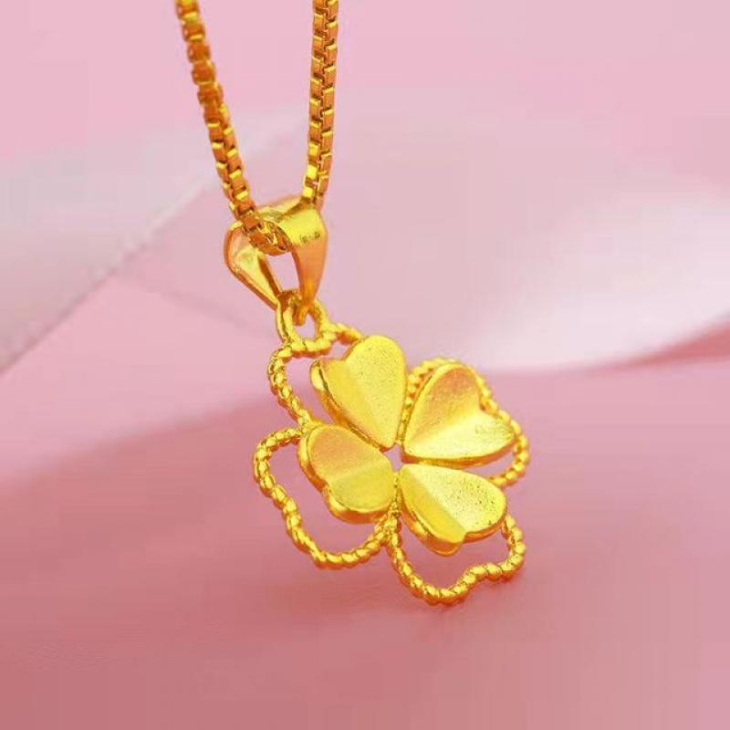 Real 18K Gold Color Lucky Clover Pendant Necklace for Women Men Fine Jewelry Genuine Solid Gold for Women Wedding Luxury Jewelry