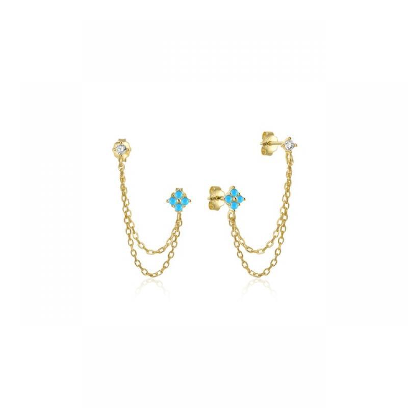 Aide 925 Sterling Silver Four Zircons Flower Stud Earrings For Women Double Studs Chain Tassel Piercing Earring 18K Gold Plated