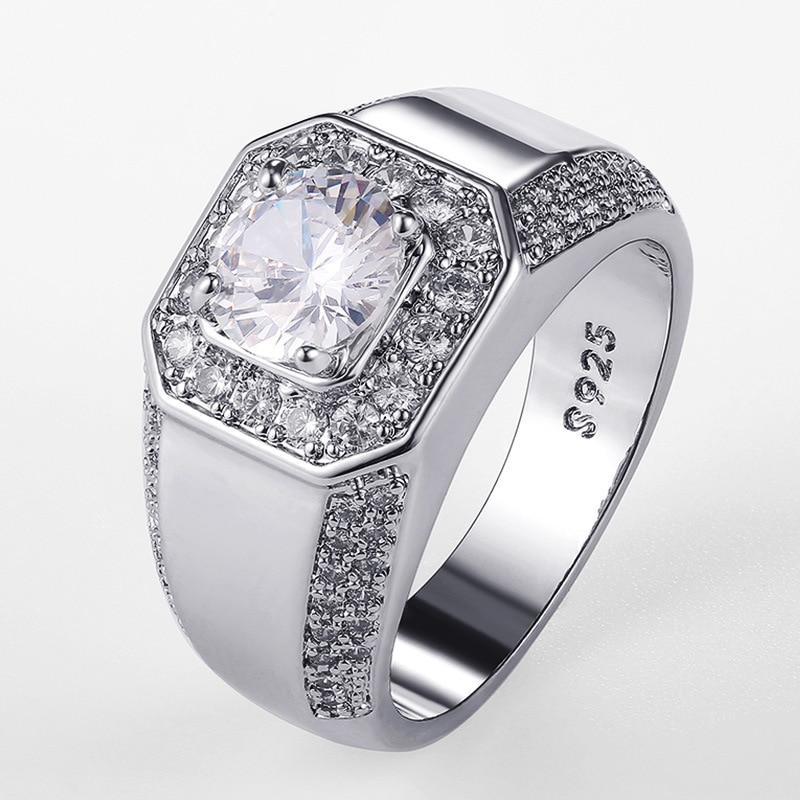 Luxury Silver Color Men AAA Crystal Zircon Stone Wedding Ring Brilliant Noble Engagement Engage Party Plata Rings S925 Stamp