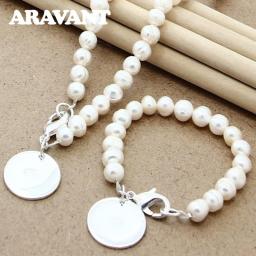 White Simulated Pearl Jewelry Sets For Women Fashion Silver Color Round Pendant Pearl Necklace Bracelet Wedding Jewelry Set