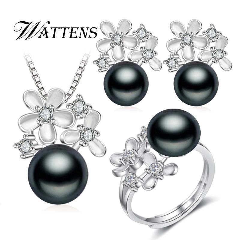 WATTENS Pearl Jewelry wedding engagement jewelry sets Natural Pearl pendant Necklace women/stud Earrings,flower party earrings