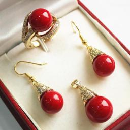 Women's Wedding Noble New  Vermilion Red  12mm Shell Pearl Pendant, Earring, , Ring Set Real  Mujer Fine Qualitynoble Lady's