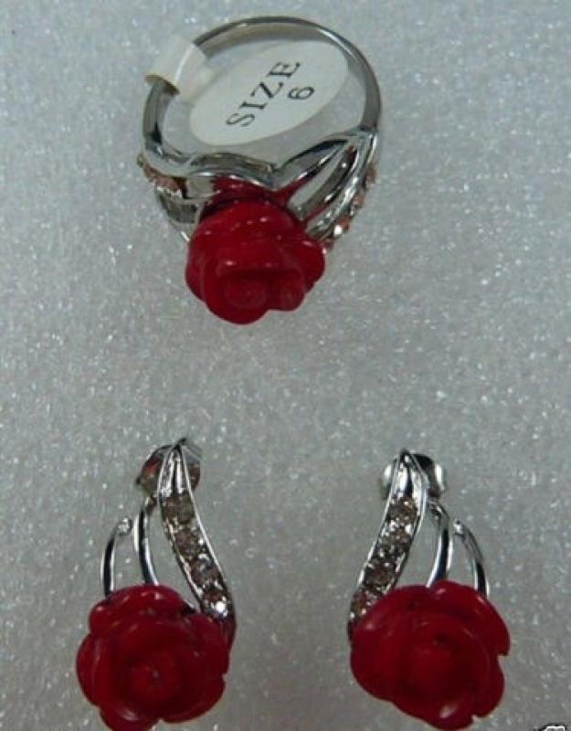 Women's Wedding  Jewelry Heart Red GEM Flower Stud Earring Ring Set Ms. girl Wedding-jewelry moda real Ms. girl Wedding-jewelry