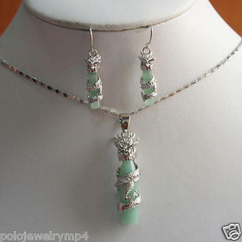 Natural gem Prett Lovely Women's Wedding Jewelry Fashion Unique Green gem Pendant Earring Set>AAA  GP   Bridal wide watch wing