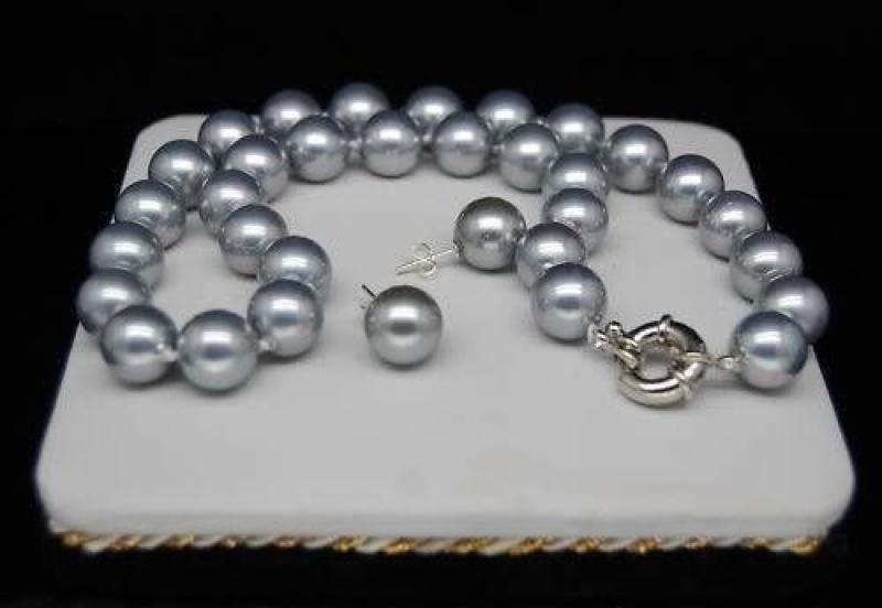 Prett Lovely Women's Wedding  shipping>>>>>> jewelry 12MM -gray shell pearl necklace& earrings stud --jewelrynoble lady's
