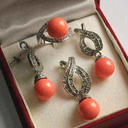 Women's Wedding Hot! Noble New   Plated + 12mm Salmon Pink Red Pearl Pendant, Earring, , Ring Set Real  Mujernoble Lady's