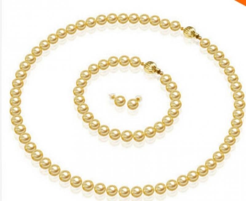 Jewelry Set hook 8MM Golden Akoya Shell Pearl Necklace 18'' Bracelet 7.5'' Earring Set AAA