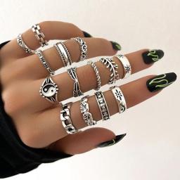 HI MAN 14 Pcs/Set Neo-Gothic Mixed Yin Yang Figure Feather Elephant Star Moon Sun Ring Women Personality Vintage Jewelry