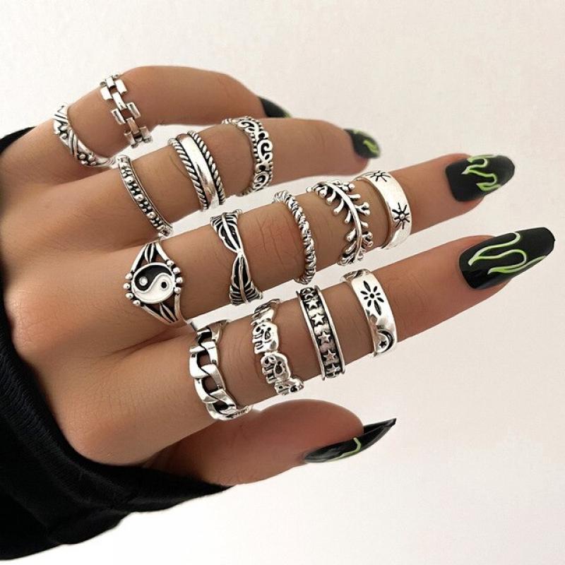 HI MAN 14 Pcs/Set Neo-Gothic Mixed Yin Yang Figure Feather Elephant Star Moon Sun Ring Women Personality Vintage Jewelry