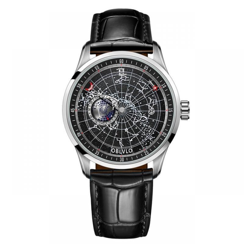 OBLVLO Top Brand Automatic Mechanical Watch for Men Luminous Earth Star Watch Waterproof Leather Strap GC