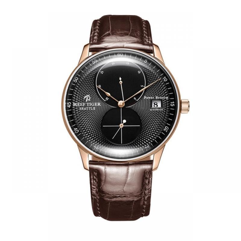 Reef Tiger/RT Men Luxury Watch Rose Gold Mechanical Watch Brown Leather Strap Analog Watches Relogio Masculino RGA82B0
