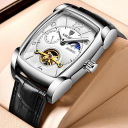LIGE Top Brand Luxury Mens Watches Square Automatic Watch For Men Tourbillon Clock Genuine Leather Waterproof Mechanical Watch