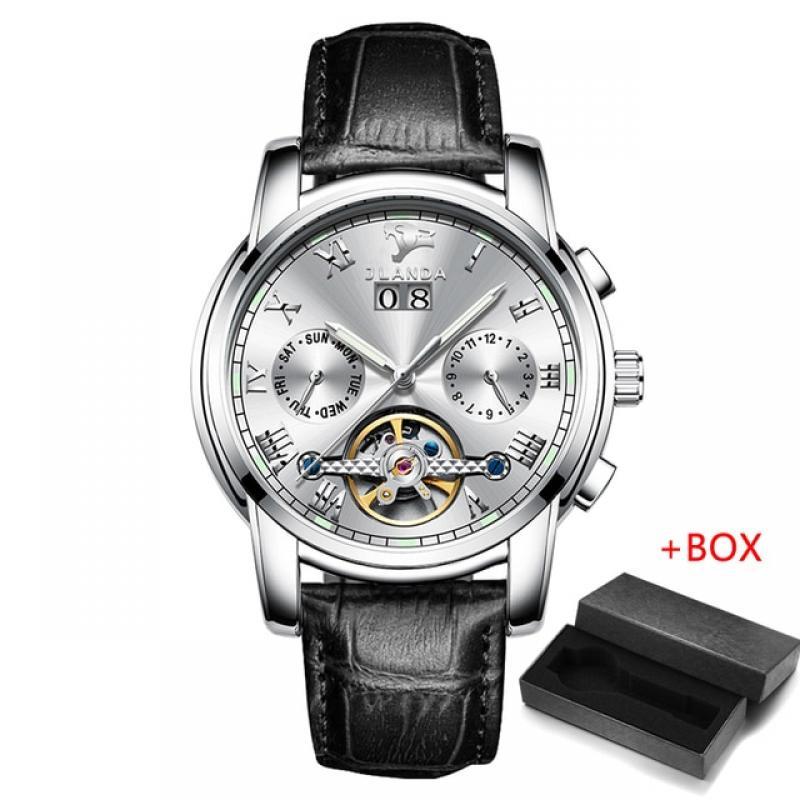 Tourbillon Watch Men's Simple Business Date Week Mechanical Watch Leather Band Waterproof Luminous Automatic Watches for Men