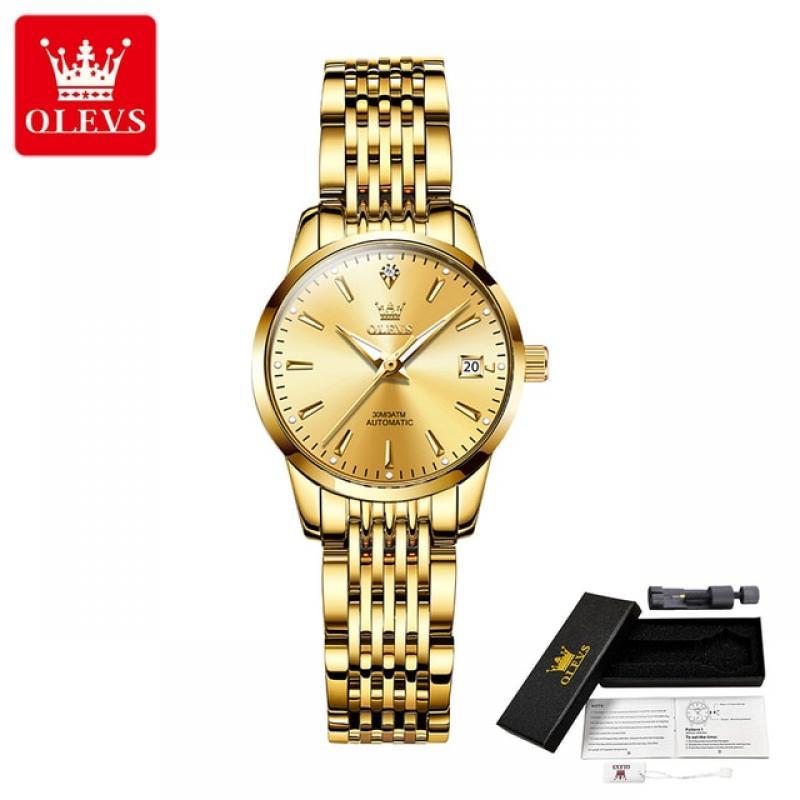 OLEVS Luxury Golden Automatic Mechanical Watch for Men 30M Waterproof Calendar Luminous Stainless Steel Elegant Man Wristwatches