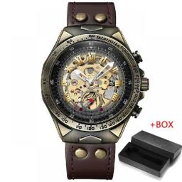 FNGEEN Retro Bronze Mechanical Watch Men Vintage Leather Strap Skeleton Steampunk Watches Self Wind Automatic Wristwatch Mens