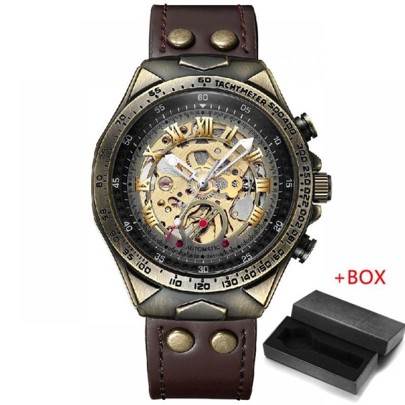 FNGEEN Retro Bronze Mechanical Watch Men Vintage Leather Strap Skeleton Steampunk Watches Self Wind Automatic Wristwatch Mens