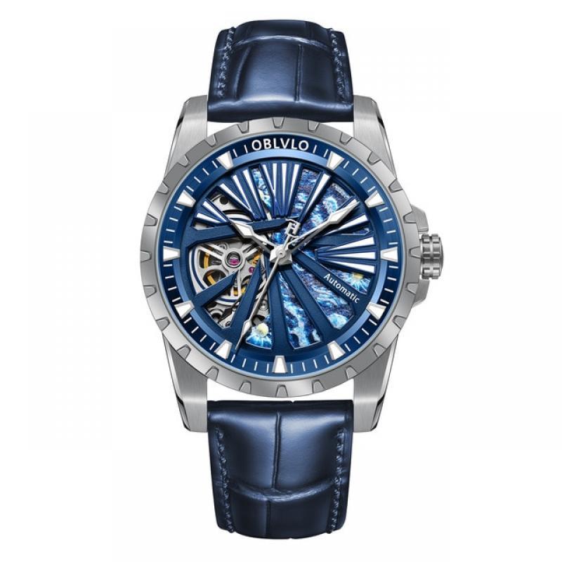 OBLVLO 2022 New Skeleton Men's Automatic Mechanical Watch For Men Rose Luxury Sapphire Luminous Genuine Leather Watch RMS-U