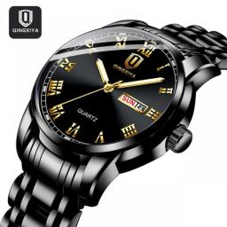 QINGXIYA Top Brand Luxury Gold Red Quartz Watch Men Stainless Steel Luminous Waterproof Watches Week Calendar Business Watch Men