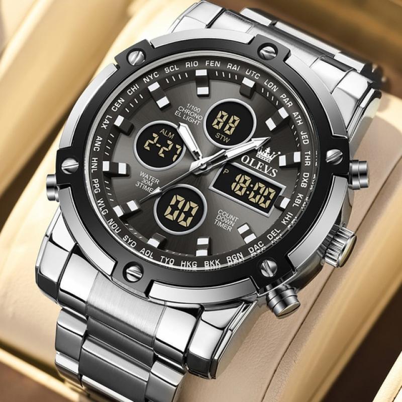 OLEVS Watch for Men Original Casual Stainless Steel Analog Digital Watches for Men, Large Face Waterproof Men Chronograph Watch
