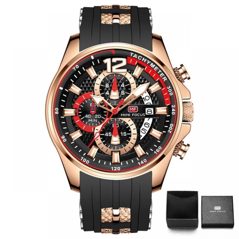 MINI FOCUS Military Sport Watch for Men Blue Silicone Strap Chronograph Quartz Wristwatch with Auto Date Luminous Hands 0350