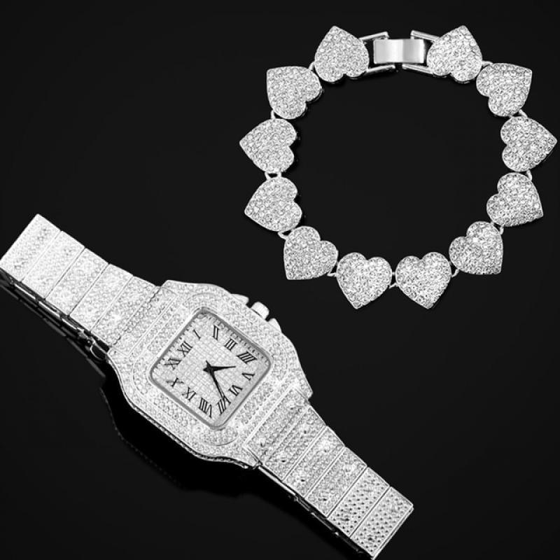 Full Rhinestones Paved Iced Out Watch Bracelet  for Women Mens Cuban Link Chain Bracelet Watch Hip Hop Men Watch Set Jewelry