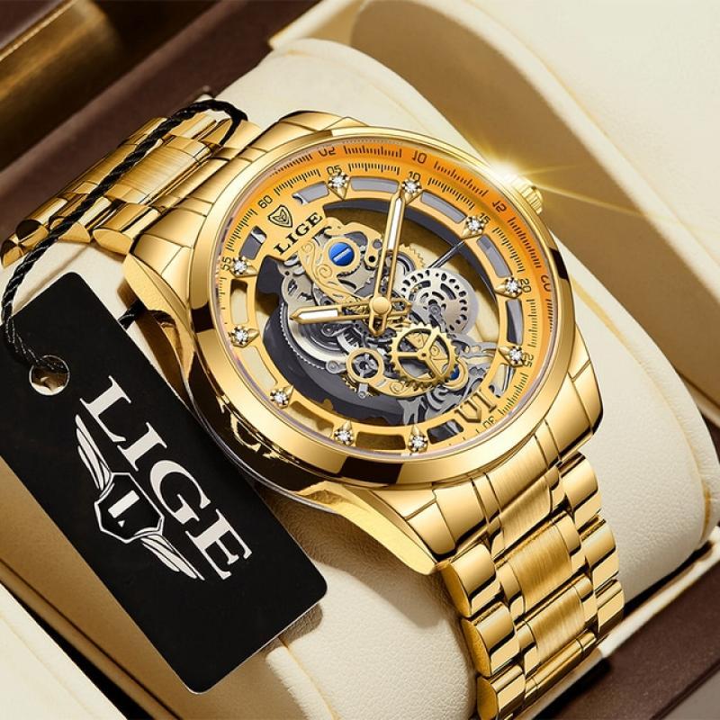 LIGE 2023 New Gold Watch Women Watches Ladies All Steel Skeleton Design Women's Bracelet Watches Female Clock Relogio Feminino
