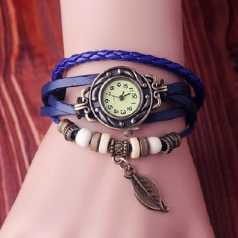 Vintage Bracelet Quartz Wrist Watch with Weave Wrap Leather Band Leaf Beads for Women