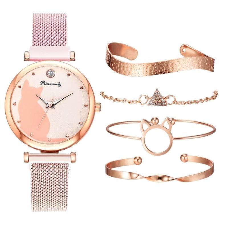Fashion Watch Set Women 5pcs Quartz Wristwatch Mesh Bracelet Cat Dial Luxury Woman Watch Casual Ladies Clock Relogio Femenino