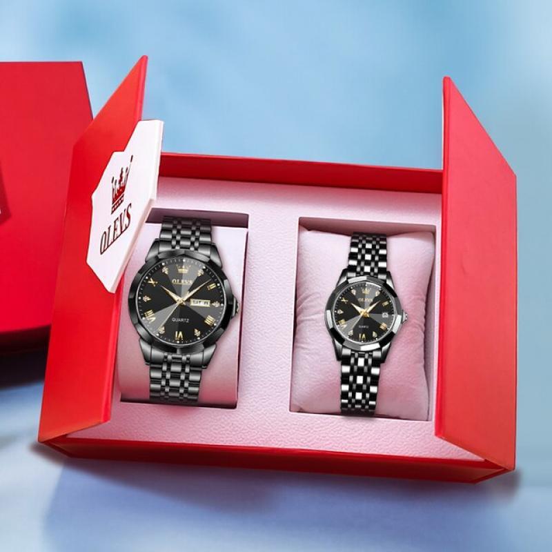 OLEVS Couple Watches Rhombus Mirror Luxury Original Quartz Men and Women Wristwatch Waterproof Luminous Date Week His and Her