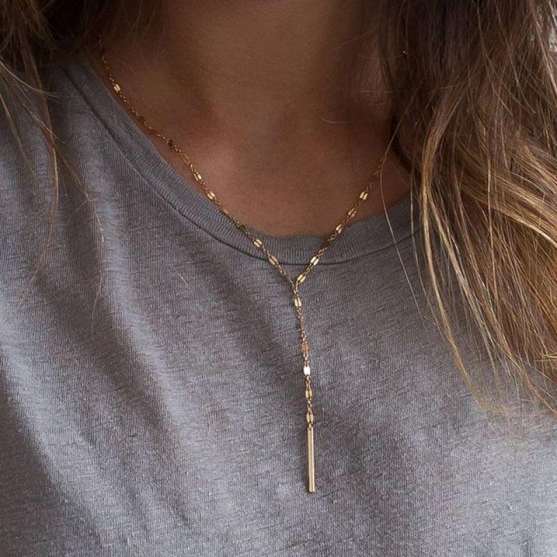 SUNIBI 316L Stainless Steel Pendant Necklace for Women Simple Long Lariat Chain Vertical Minimalist Bar Dangle Necklaces Jewelry