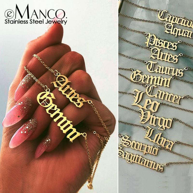 eManco Gold Color Stainless Steel Letter 12 Zodiac Necklace Women Constellation Chain Choker Necklace Jewelry for Women Gift