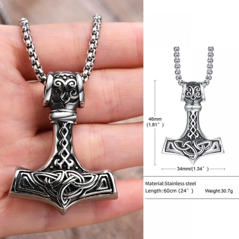 Mjolnir The Hammer of Thor Norse Pagan Symbol Pendant Necklace  Stainless Steel Double Sided Dragon Design Viking Jewelry
