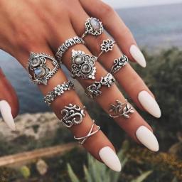 Bohemia Green Stone Finger Ring Set For Women Geometric Moon Owl Knuckle Rings Girls Fashion Jewelry Gift