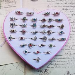 36pcs Hollow Out Flower Shape Inlaid Crystal Pearl Gold Silver Color Alloy Ring For Children Adjustable Finger Ring Without Box