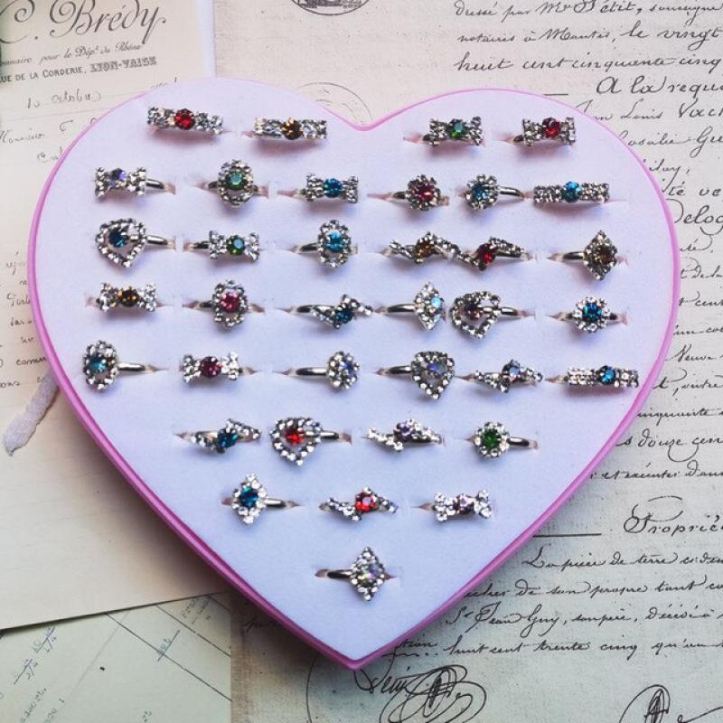 36pcs Hollow Out Flower Shape Inlaid Crystal Pearl Gold Silver Color Alloy Ring for Children Adjustable Finger Ring Without Box