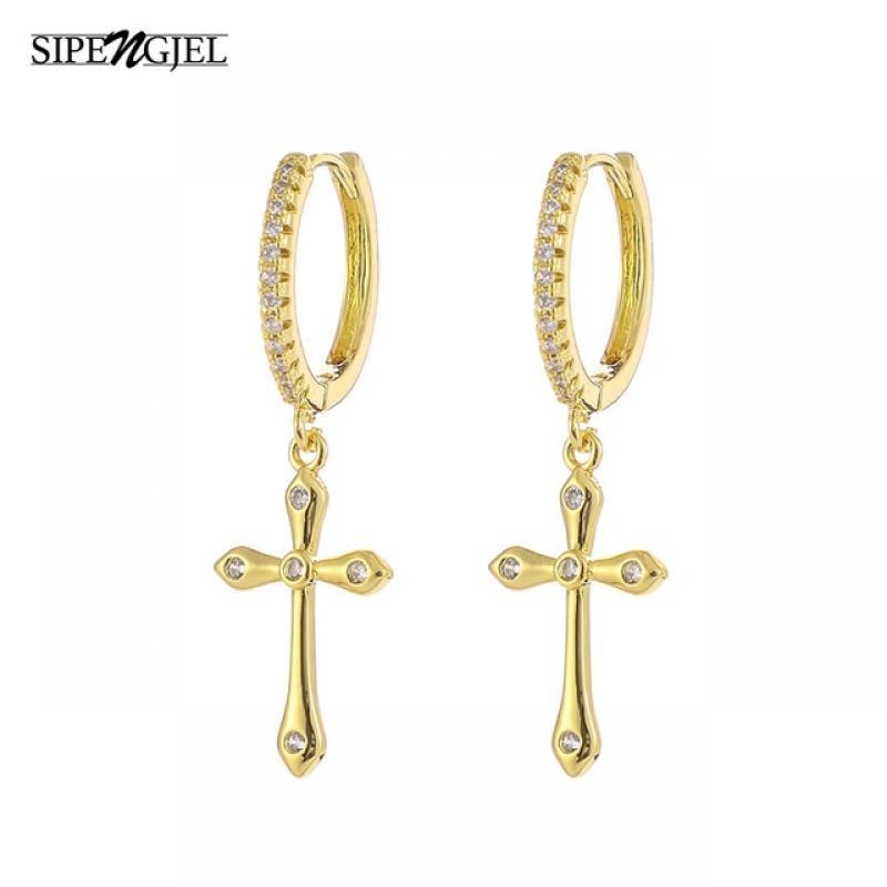 SIPENGJEL Fashion Exquisite Cross Drop Asymmetry Earrings Silver Color Dangle Hoop Earrings For Women Man Jewelry 2021 Trend
