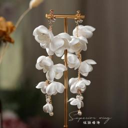 French Satin Lily Of The Valley Beaded Tassel Earrings Bridal White Gauze Dress Joker Photo Earrings