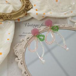 Transparent Flowers Silver Pin Earrings Hand-beaded Bow-shaped Earrings Trendy Fashion Ladies Spring Summer Festival Earrings