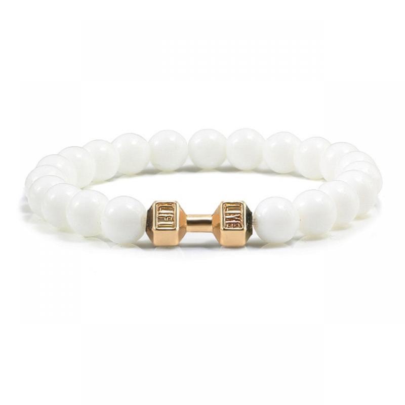 Natural Volcanic Stone Bracelet Men Matte Black Lave White Beads Charm Dumbbell Strand Bracelets Women Barbell Fitness Jewelry