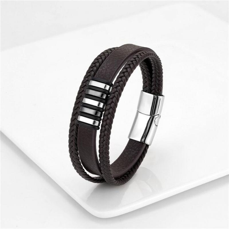 European And American Popular Stainless Steel Leather Bracelet Men's Multilayer Woven Leather Bracelet