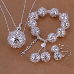 Wedding Women Jewelry Exquisite Hollow Ball Pendant Necklace Bracelets Earrings Set Fashion Silver Color Jewelry Set S110