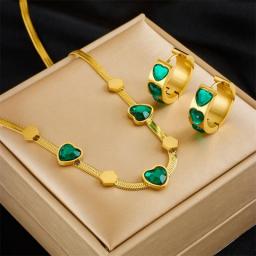 DIEYURO 316L Stainless Steel Green Heart Crystal Pendant Necklace Earrings For Women Girl New Trend Non-fading Jewelry Set Party