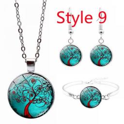 Celtic Tree Of Life Glass Cabochon Necklace Stud Earrings Bracelet Bangle Set Totally 4Pcs Women's Fashion Jewelry Creative Gift