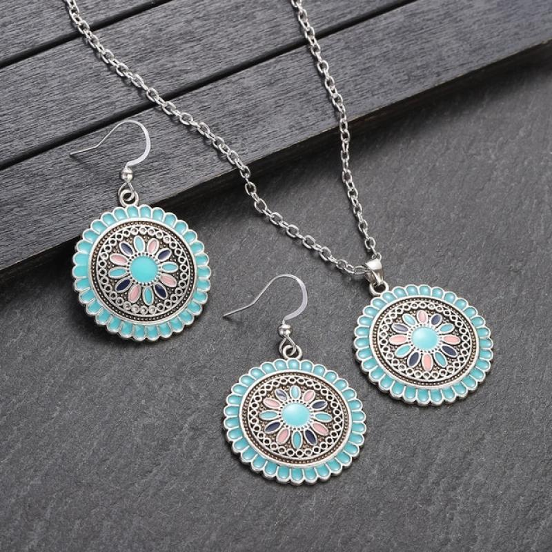 Boho Colorful Beads Jewelry Sets for Women Vintage Gold Color Alloy Flower Necklace Pendant Earring Sets Bridal Wedding Jewelry