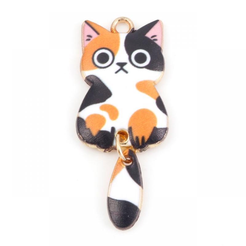 10PCs Cute Cartoon Cat  Enamel Animal Pendants Multicolor Gold Color Metal Charms DIY Earrings Necklace Jewelry 3.9cm x 1.6cm