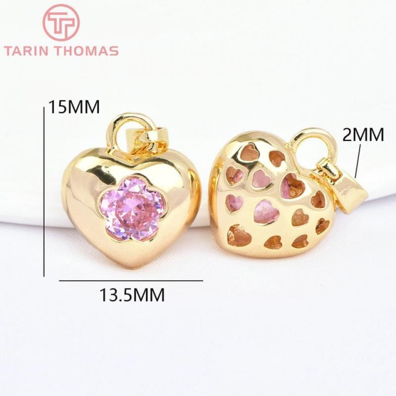 (7695) 4PCS 13.5x15MM 18K Gold Color Brass with Zircon Hearts Pendants High Quality DIY Jewelry Making Findings Accessories