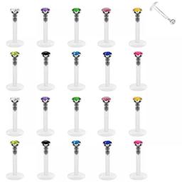WKOUD 20pcs Tragus Retainer Clear Lip Studs Flexible Acrylic 2mm CZ Gem Labret Monroe Lip Ring/Helix/Cartilage Earring Stud