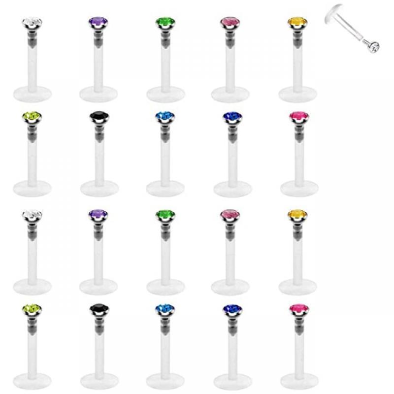 WKOUD 20pcs Tragus Retainer Clear Lip Studs Flexible Acrylic 2mm CZ Gem Labret Monroe Lip Ring/Helix/Cartilage Earring Stud