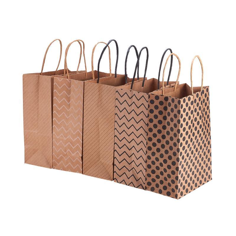 30Pcs 21x15cm Fashion Brown Kraft Paper Shopping Bags Rectangle Party Gift Bags with Handles Wave Dot Stripe Pattern
