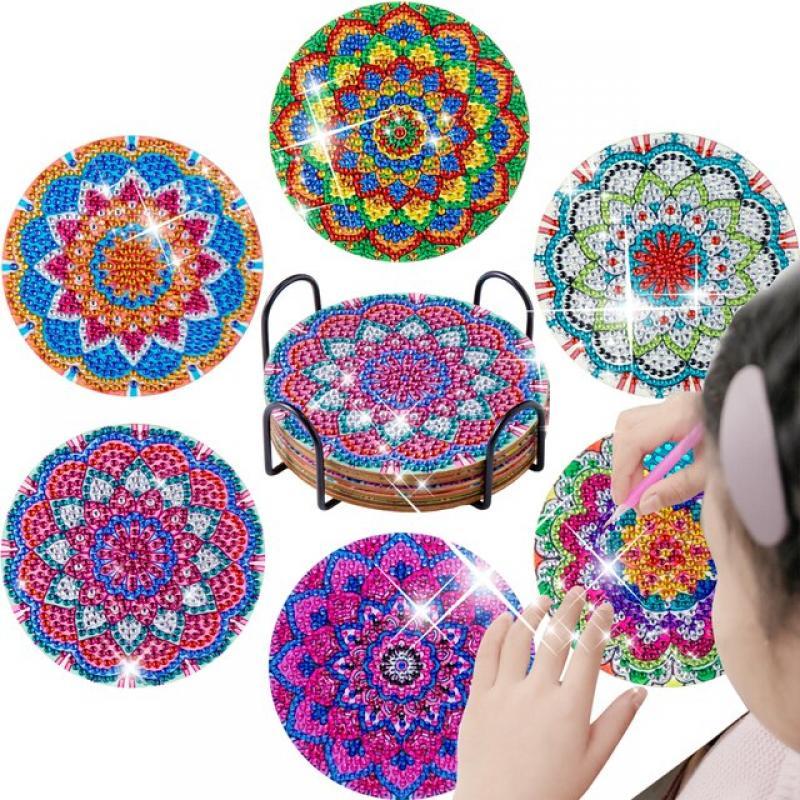 GATYZTORY 6PCS/Set Diamond Painting Coasters With Holder Rhinestones Embroidery Coaster Cup Cushion Table Placemat Diy Gift